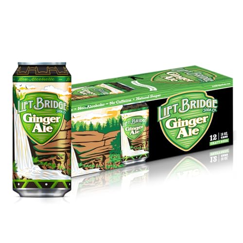 Lift Bridge Ginger Ale, Natural Ginger Flavor, Real Cane Sugar, Craft Soda, Gluten-free, Caffeine-free, Vegan, 12 pack, 16 oz Cans