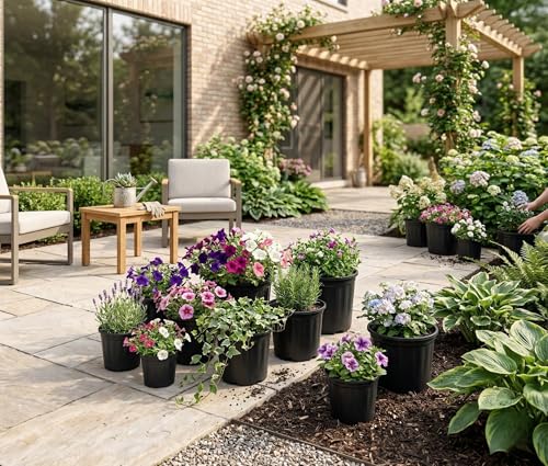 Image of Plastic Flower Pots 12 Inch | Black Nursery Plant Pots for Indoor & Outdoor Gardening | Lightweight, Durable Pots with Drainage for Seeds, Succulents & Saplings | Pack of 5