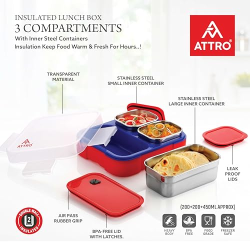 Image of ATTRO Prime Admire 3 Lunch Box with Sipstar Water Bottle, School Tiffin Combo-Green Red