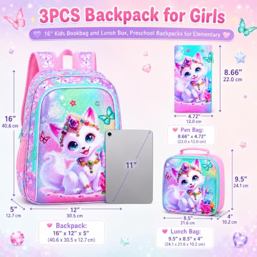 Image of 3Pcs Fox Backpack for Girls, 16 inch Kids Bookbag with Lunch Box，School Backpacks for Elementary Preschool Kindergarten (Pink)