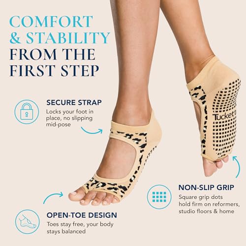 Image of Tucketts 3 Pack Toeless Pilates Socks, Non Slip Grips, Barefoot Feel