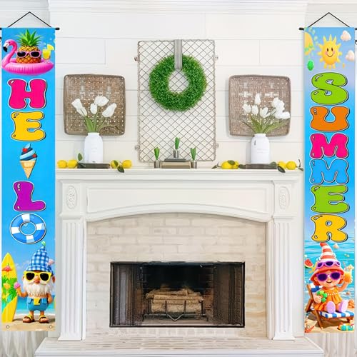 Image of BlissYard 2pcs Welcome Summer Door Banner Hawaiian Gnome Porch Banners Sign Summer Sunshine Beach Front Door Hanging Decor Banner for Seasonal Home Hawaii Tropical Party Outdoor Decorations