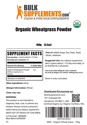 Bulksupplements.com Organic Wheat Grass Powder - Superfoods Powder - Organic Greens Powder Superfood - Wheatgrass Juice Powder - Raw Wheatgrass Juice Powder (100 Grams - 3.5 Oz) #TOP1