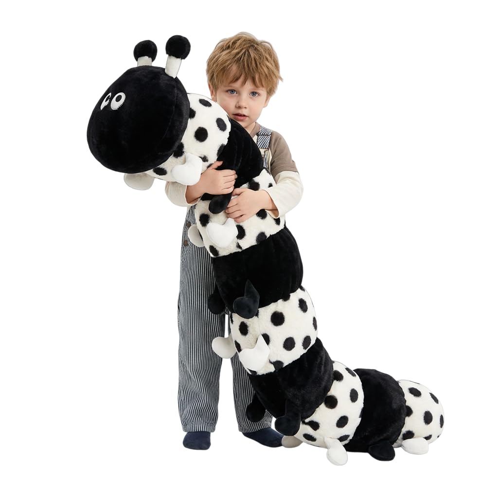 XXL Plüsch Raupe Kuscheltier – Lange Gepunktete Stofftier-Raupe als Raupenkissen/Körperkissen für Kinder, weiches Dekokissen in Rosa oder Schwarz-Weiß, 40–115 cm (Schwarz,115CM)