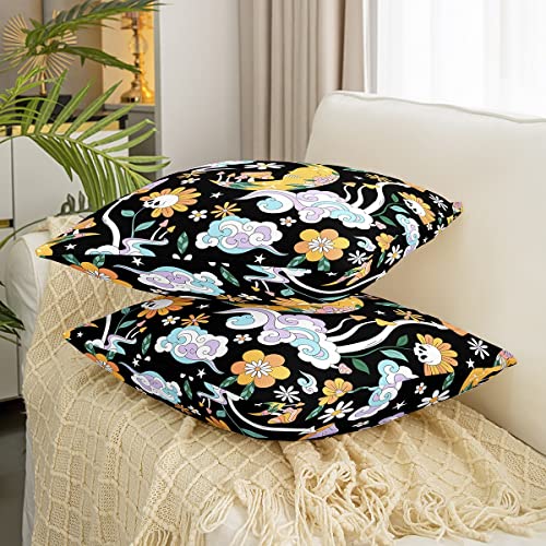 Psychedelic Floral Reversible Throw Pillow Covers Cases For Groovy Flower Skull Throw Pillowcases For Sofa Couch Chair 70S Hippie Flowers Bohemian Black Square Cushion Covers Set Of 2 16 X 16-Inch #TOP2