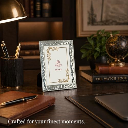 Image of DIVINITI German Silver Photo Frame 5x7 Inch | Luxury Silver Plated Picture Frame for Table & Wall Decor | Elegant Engraved Design with Stand | Premium Gift Frame for Home Decor & Gifting