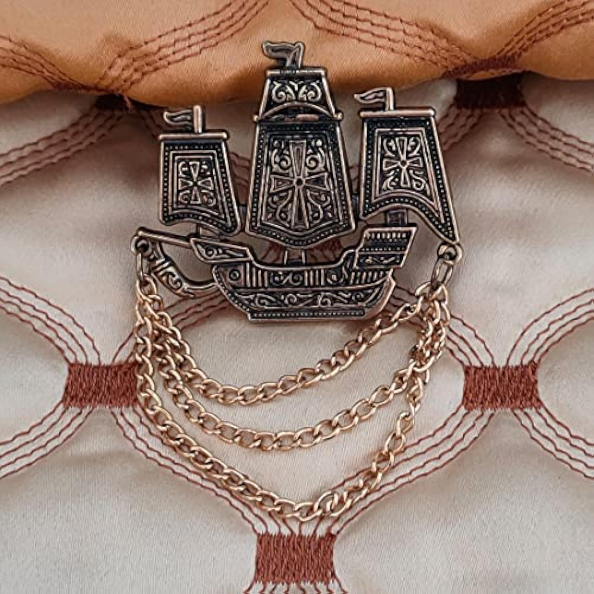 Gold Nautical Sailing Ship Brooch with Chain