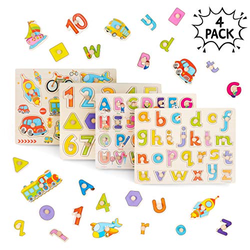 4 Pcs Puzzle in Legno Per Bebè - Puzzle Veicoli Lettere Alfabeto Abc, Numeri En Forme Per Apprendimento Nella Prima Infanzia - Gioco Educativo Per Bambini - Metodo Montessori
