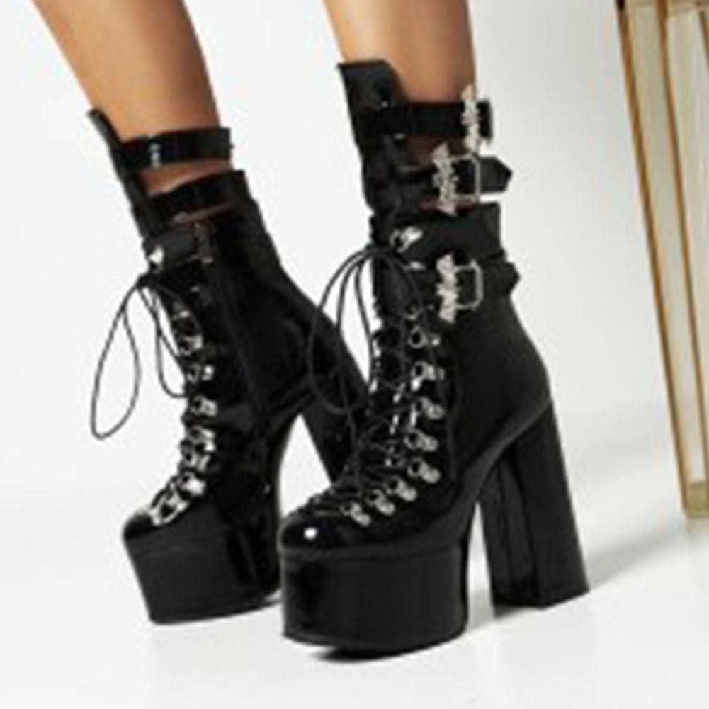 mikarka Goth Boots for Women Chunky High Heel Platform Lace Up Lug Sole Studded Chain Motorcycle Boots Combat Ankle Boots