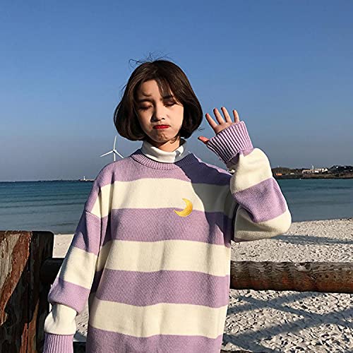 Free Valley Women Striped Chic Moon Embroidery Knitting Pullover Female Harajuku Kawaii Ulzzang Lazy Style Casual Sweater Purple #TOP1