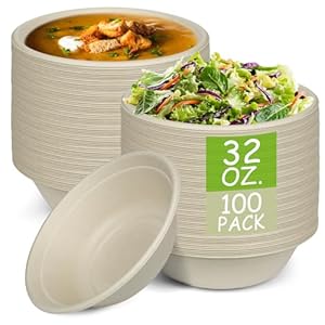 Paper Bowls, 100% Compostable Disposable Soup/Salad Bowls 32 Oz 100 Pack, PFAS-Free BPI Certified Eco-Friendly Hot/Cold Food Bowls, Natural Brown