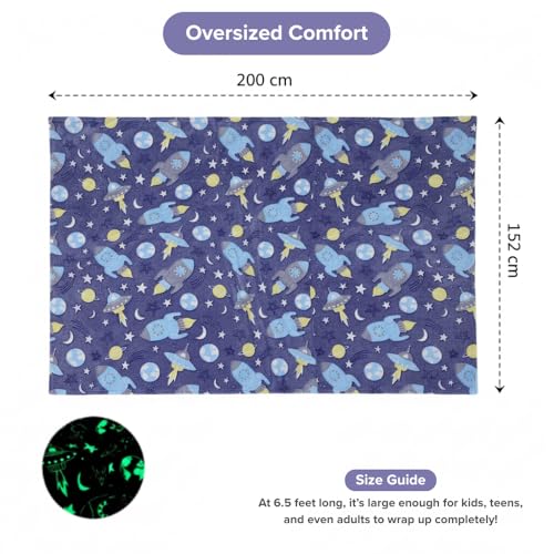 Image of DOCAT Glow Blanket for Kids 0-15 Years, 200x152 cm Double Bed Blanket for Girls Boys, Soft Cozy Flannel Fleece Throw Blankets for Winter, Radium Blanket Ideal Gift for Boys & Girls (Cosmic Rockets)