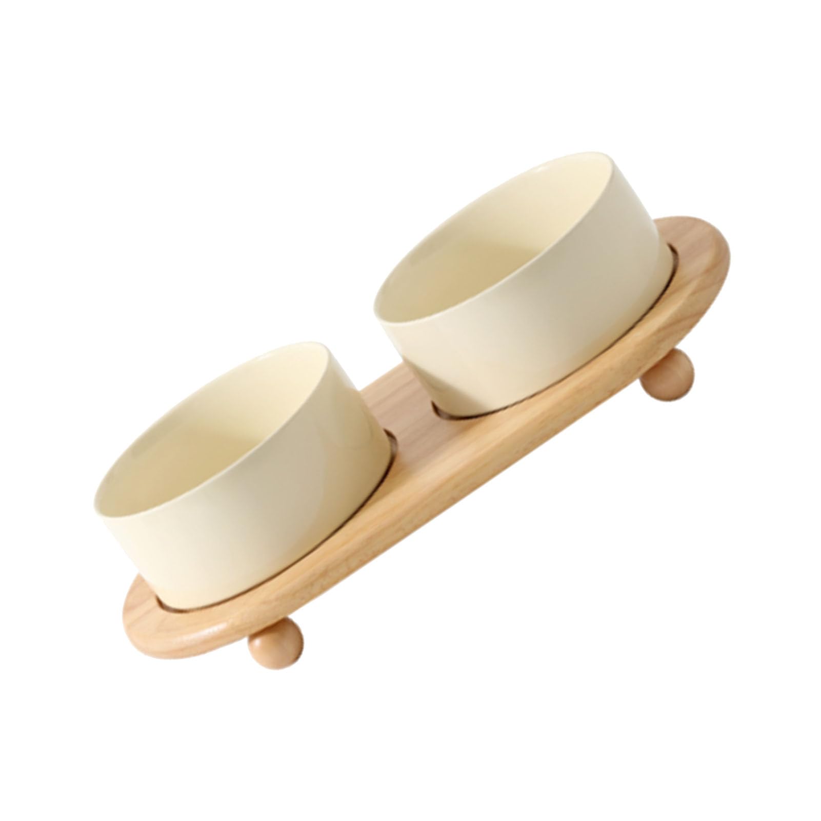 Gamelles Surélevées en Céramique pour Chat avec Support en Bois Anti-basculement pour Une Alimentation et Une Hydratation Confortables pour Les Chats |2 Unités (Double Bol Riz Blanc)