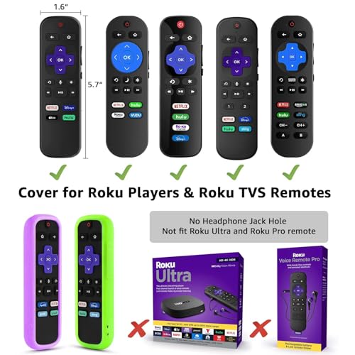 Image of 2 Pack Remote Cover for Roku, Battery Cover for TCL Roku Smart TV Steaming Stick Remote, Silicone Remote Case for Roku Universal Protective Controller Sleeve Skin Glow in The Dark Green Purple