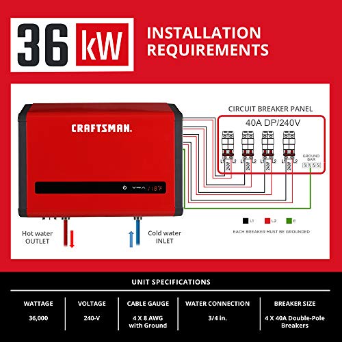 Craftsman Cmxtepa0036 36Kw 240-Volt 7.3 Gpm Electric Tankless Water Heater, Red #TOP5