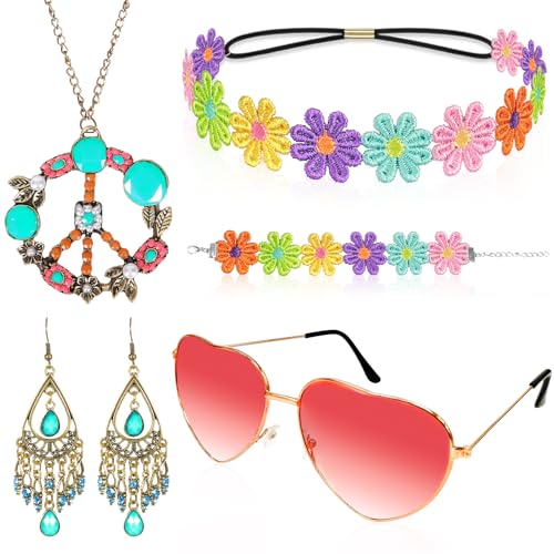🌼 Set Completo per un Look Autentico Anni '70: Realizza il look perfetto con il nostro completo costume hippie donna​ da 6 pezzi! Include tutto il necessario: 1 paio di orecchini, 1 collana peace, 1 fascia per capelli floreale colorata, 1 braccialetto a fiori e 1 paio di occhiali a cuore rosa. L'aggiunta ideale per il tuo vestito hippie donna​ o per esprimere il tuo stile hippie donna​ ogni giorno