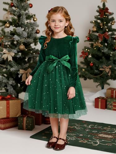 Toddler Girls Velvet Tutu Dress Fall Winter Long Sleeve Ruffle Dress for Holiday Party Causal 3-7Y4