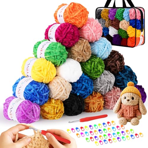 YINVA Chenille Yarn Chunky 21 Vibrant Colours for Enthusiasts Velvet Yarn for Relaxing No Shed Plush Yarn with Hook Stitch Markers and Handbag Chenille Wool for Clothes Blankets DIY