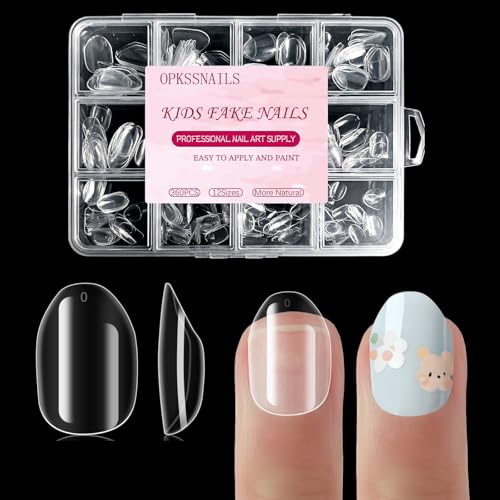 OPkssnails Extra Short Almond Kid Nail Tips 360Pcs Soft Gel Nail Tips Pre-Shaped Press On Nails For Kids Clear Acrylic Half Matte Full Cover Fake Nail For Kids DIY Extension & Salon Use12 Sizes