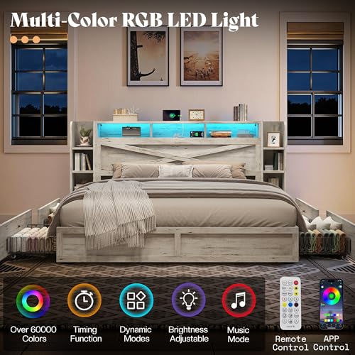 Image of AMERLIFE 45'' Farmhouse King Bed Frame with 4 Drawers, LED Bed Frame with Bookcase Headboard & Side Shelves, Wood Platform Bed with Charging Station, White