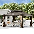 Domi 10'x14' Hardtop Gazebo withGutters, Outdoor Aluminum Frame Canopywith Galvanized Steel Double Roof,Outdoor Permanent Metal Pavilion withCurtains and Netting for Patio, Backyardand Lawn Brown
