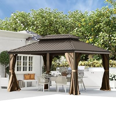 Domi 10'x14' Hardtop Gazebo withGutters, Outdoor Aluminum Frame Canopywith Galvanized Steel Double Roof,Outdoor Permanent Metal Pavilion withCurtains and Netting for Patio, Backyardand Lawn Brown