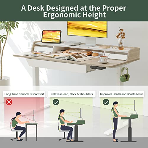 Fezibo Height Adjustable Electric Standing Desk With Three Drawers, 48 X 25 Inch Table With Storage Shelf, Sit Stand Desk With Storage Space, Splice Board With White Frame/Light Walnut Top, 48 Inch #TOP5