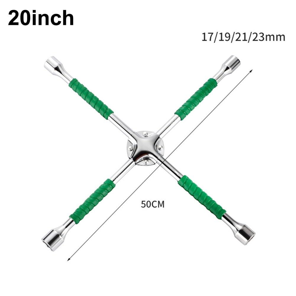 Llave de llanta de cuatro vías, llave de rueda cruzada, juego de llaves de 17/19/21/23 mm, acero resistente, mango de 35 cm para reparación de neumáticos de coche