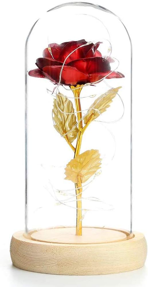 CYJ Rose Beauty and The Beast Rose Gift Gold Foil Rose and LED Light with Glass Dome Gift for Valentine's Day Birthday Mother Anniversary Thanksgiving Christmas Wedding,Beige