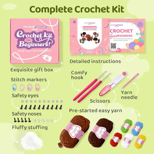Image of Mewaii Crochet Kit for Beginners - 5 Easy Dachshund Dog Crochet Kits with Step-by-Step Video Tutorials, Pre-Started Yarn, 40% Extra Yarn, Beginner Crochet Kit for Adults & Kids
