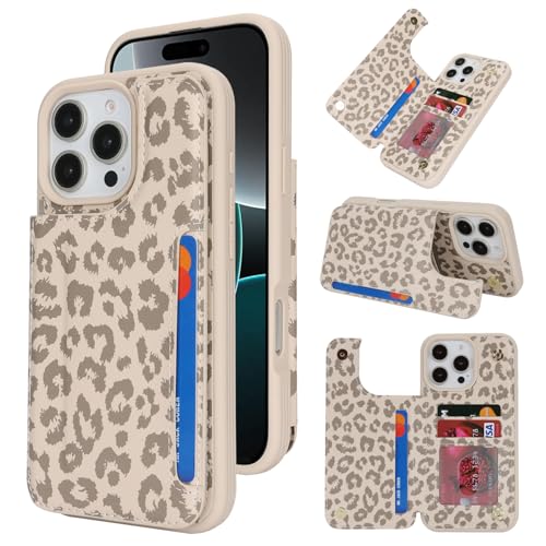 iCoverCase Compatible with iPhone 16 Pro Wallet Phone Case with Card Holder for Women Men [RFID Blocking] Card Slots PU Leather Protective Wallet Case 6.3 Inch (Beige Leopard)