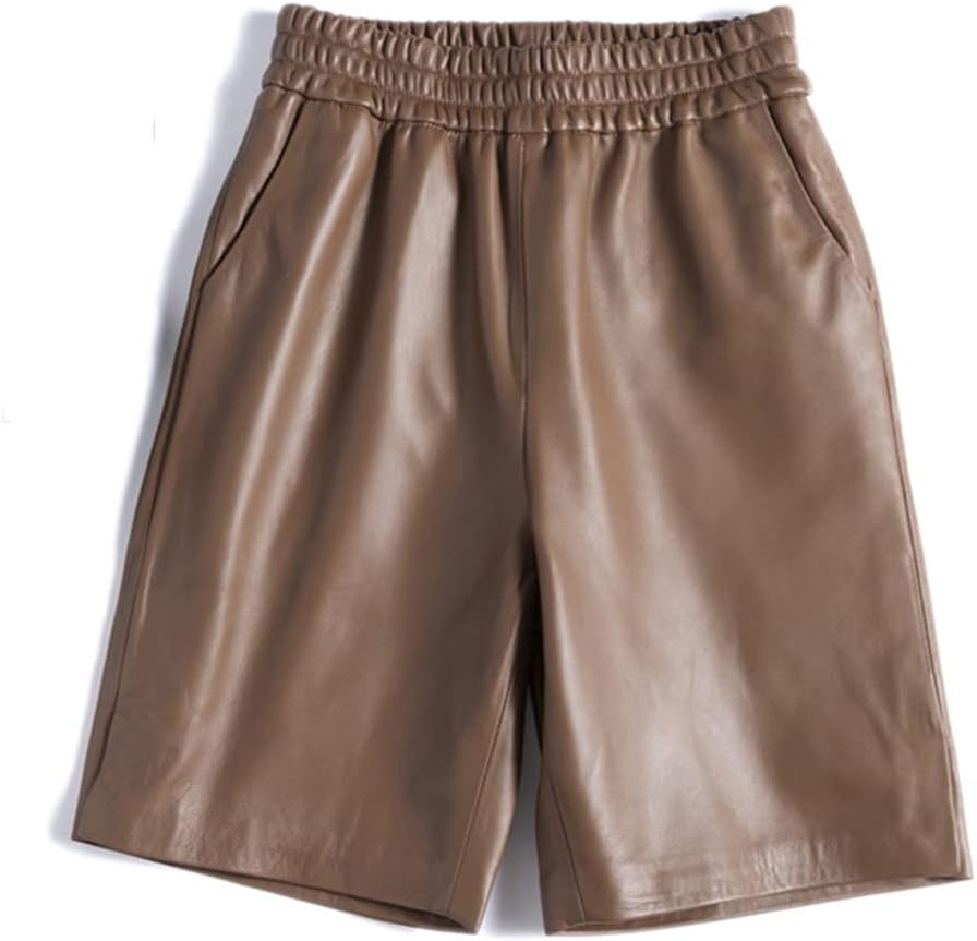 Stylish Leather Five-Point Pants for Women, Elastic Waist Wide Leg Bermuda Shorts with Pocket