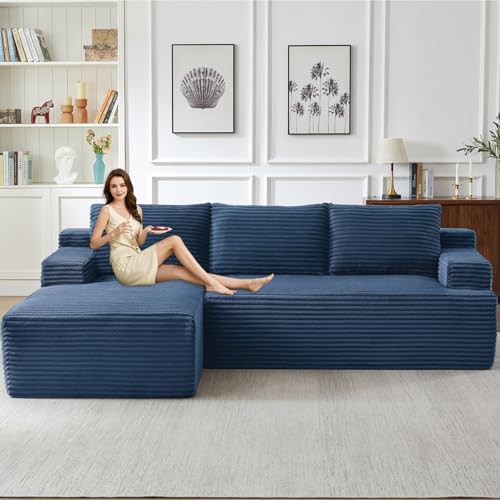 Image of 96.1 inch Modular Sectional Sofa Couches L-Shape Couch 3 Seat Modular Sofa Corduroy Memory Foam Sectional Boneless Couches for Living Room, Cloud Couch with Oversized Chaise(Blue, Left Facing)