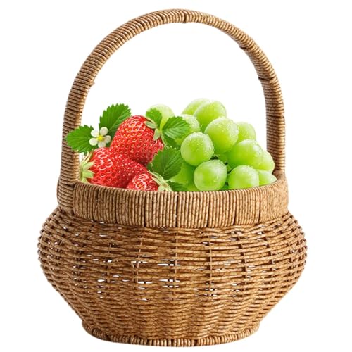 Cesta de frutas tejida – Cestas de madera de color para verduras | Cuencos de almacenamiento para servir | Cesta de pan de ratán de imitación redonda decorativa para servir frutas con asas para