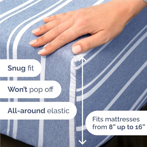 Image of Full 6 Piece Bed Sheet Set - Breathable & Cooling Sheets - Blue Stripes | Ultra-Soft Hotel Luxury Bedding Set with 8-16 Inch Deep Pockets, 1 Flat & 1 Fitted Sheet & 4 Pillowcases, Wrinkle & Fade Free