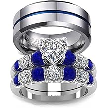 Couple Ring Bridal Set His Hers White Gold Plated White CZ Stainless Steel Wedding Ring Band Set