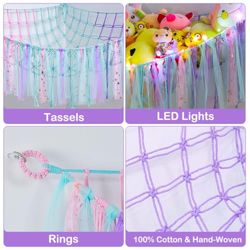 MHJY Toy Hammock Stuffed Animals Storage Net Soft Cuddly Toys Large Corner Hanging Net With LED Light Hand Woven Plush Macrame Organizer with Tassel for Kids Bedroom Nursery - Image 6