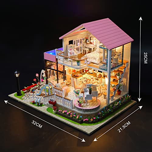 Cuteefun DIY Miniatur Rosanes Puppenhaus Kit mit Pool zum BAU Miniatur Haus Villa in Pink mit Musik Staubdichten Möbeln… – Bild 8