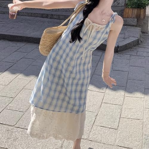 Cute Plaid Bow Vintage Spaghetti Dress Red Plaid Blue Plaid Dress for Women Backless Lace Dress for Women4