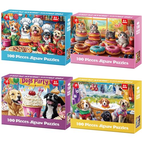 4-Pack 100 Piece Puzzles for Kids Ages 6-8 8-10 Year Old Large Piece Puzzles for Seniors 100 Pieces Jigsaw Puzzles for Kids Ages 4-6, Learning...