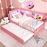 KALALLA Upholstered Twin Size Daybed with Trundle, Day Bed Frame with Storage L-Shaped Headboard USB Ports and LED Belt, No Box Spring Needed for Kids, Girls, Adults - Pink