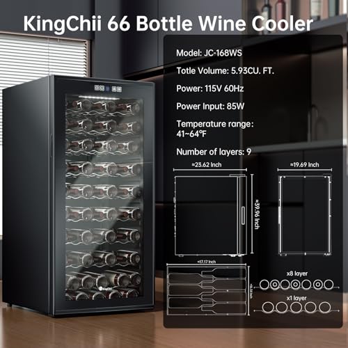 Image of KingChii 66 Bottle Wine Cooler Refrigerator - Intelligent Digital Control Wine Fridge, Low Noise Operation, Freestanding Wine Refrigerator for Home and Kitchen
