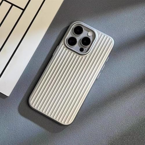 YVWUNH Custodia per telefono in metallo ondulato galvanizzato avanzato per iPhone 16, 15, 14, 13 Pro Max Plus, cover posteriore rigida in titanio naturale di lusso, argentata, per iPhone 14