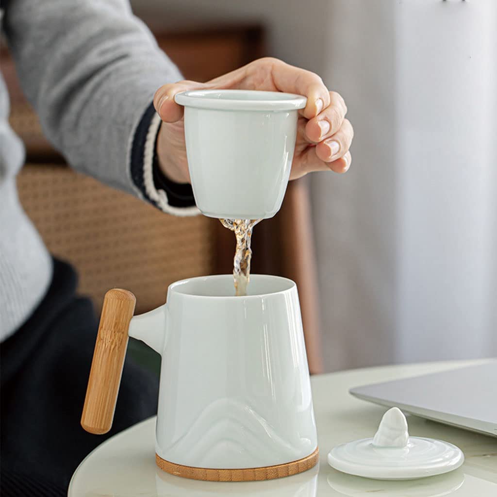 HSQMA Tasse À Thé en Céramique avec Couvercle, Tasse À Thé avec Poignée en Bois, Tasse À Thé avec Filtre pour La Maison Et Le Bureau， Convient pour Le Café, Le Thé Et Le Lait