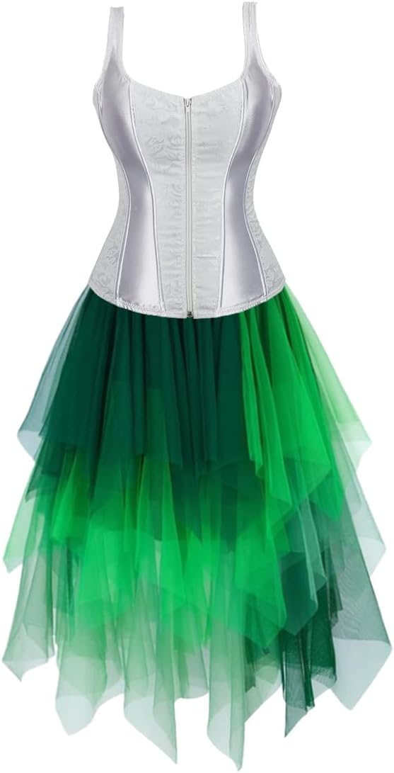 Jutrisujo Corset Dress Multi Layer Skirt Tulle Set Tops for Women Bustier Strap Zipper Gothic Vest Plus Size Halloween