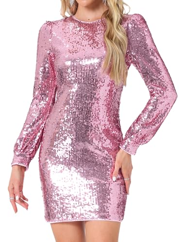 Allegra K Sequin Dress for Women Party Cocktail Lantern Long Sleeve Sparkly Glitter Disco Outfits Bodycon Mini Dresses Small Pink