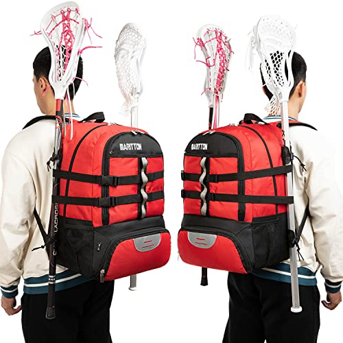 MARITTON Lacrosse Bag Backpack – Lacrosse Backpack Holds All Lacrosse or Field Hockey Equipment - Two Stick Holders and Separate Cleats Shoe Compartment. (RED)