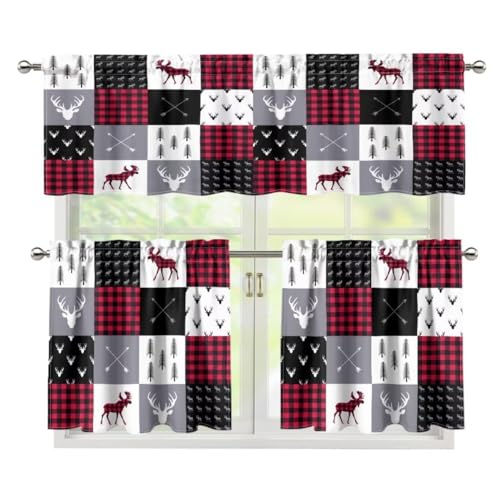 Red White Plaid Kitchen Curtains Valances Set Tier Retro Deer Bear Farm Animal Rod Pocket Dining Room Office Cafe Living Room Bedroom 54 x 18 inches + 27 x 24 inches *2