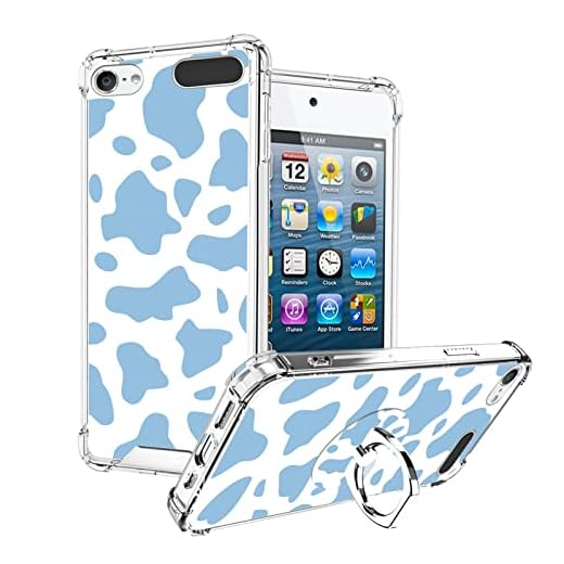 OOK Compatible with iPod Touch 7/6/5 Generation Case Ring Holder for Girls Woman,Soft TPU Bumper PC Back Shockproof Protective Case-Blue Cow