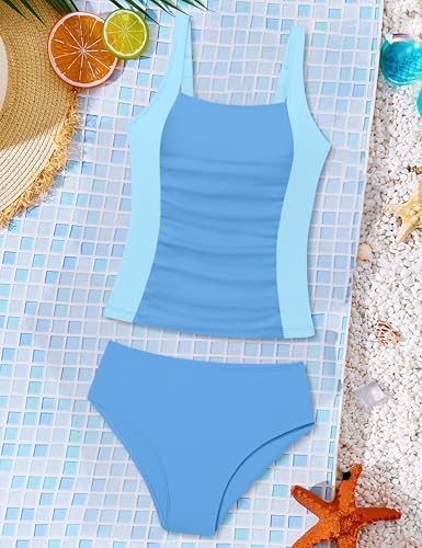 Image of Girls Tankini Swimsuit Solid Color Blocking Two Piece Bathing Suit Ruched Slimming Teen Girls' Swimwear for 9-18Years